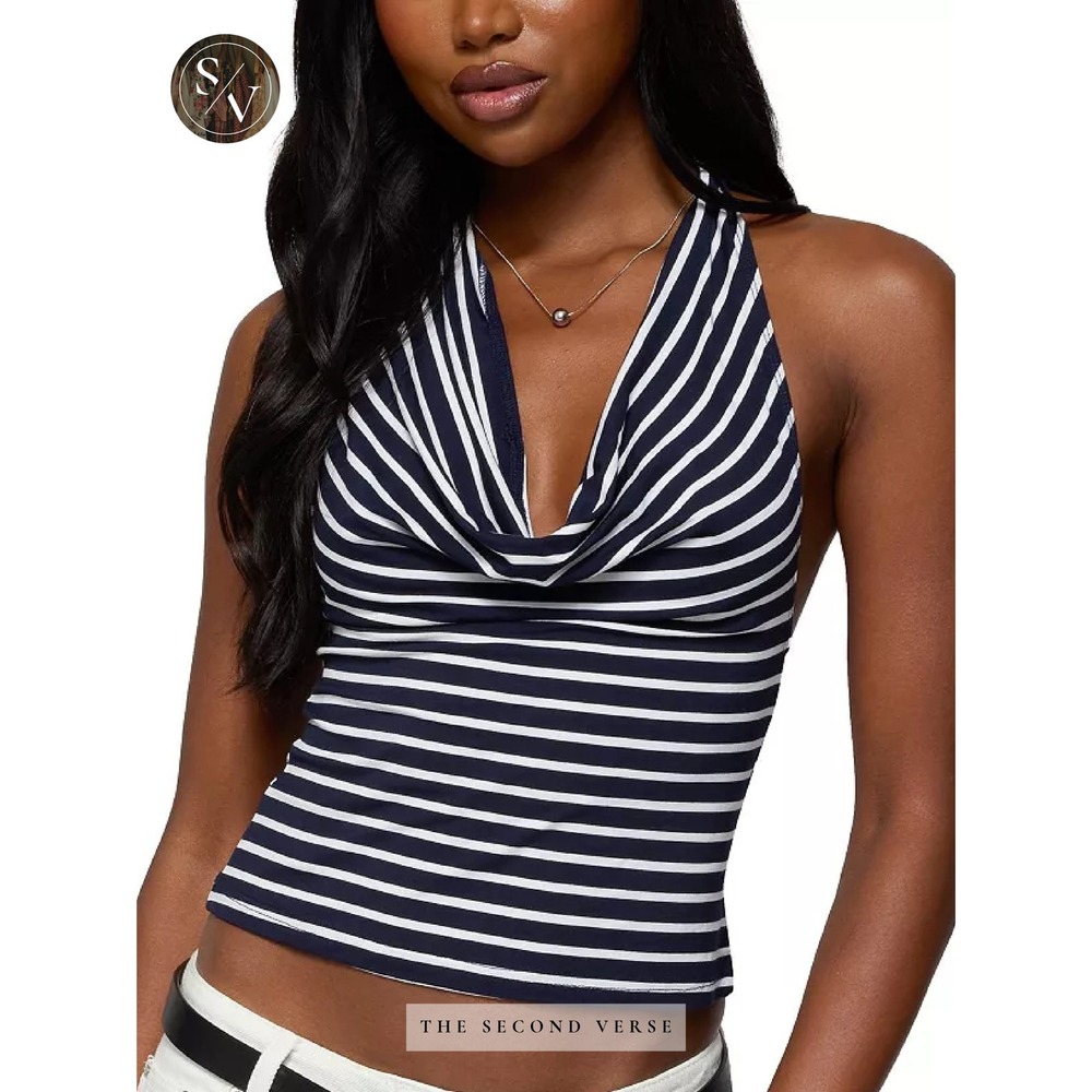 NWT Edikted Navy White Striped Cowl Neck Halter Top Backless Y2K S21168 Size M